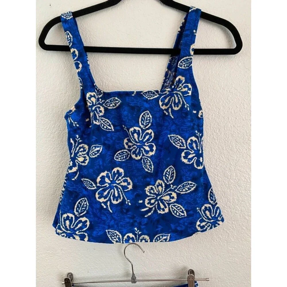 Lands’ End Tankini Swimsuit Set Size 8 Blue Gold Hibiscus Floral Vintage Y2K